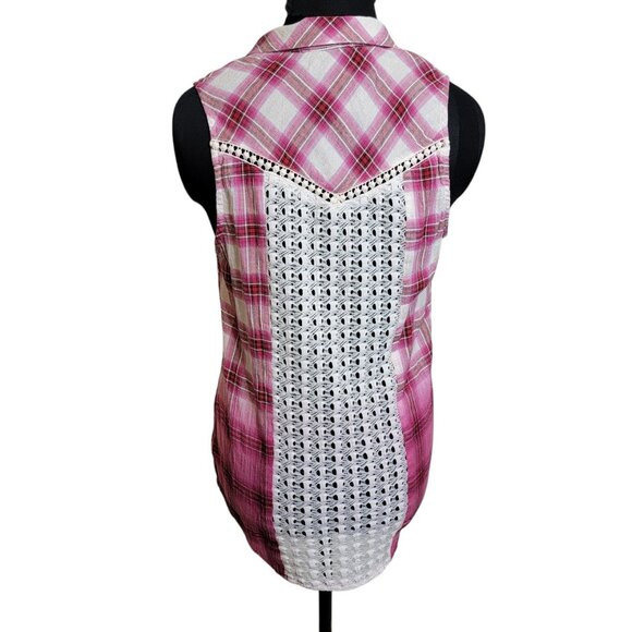 Miss Me Pink Plaid Sleeveless Shirt with Lace Back Size M – Western Boho Festiva - Picture 2 of 11